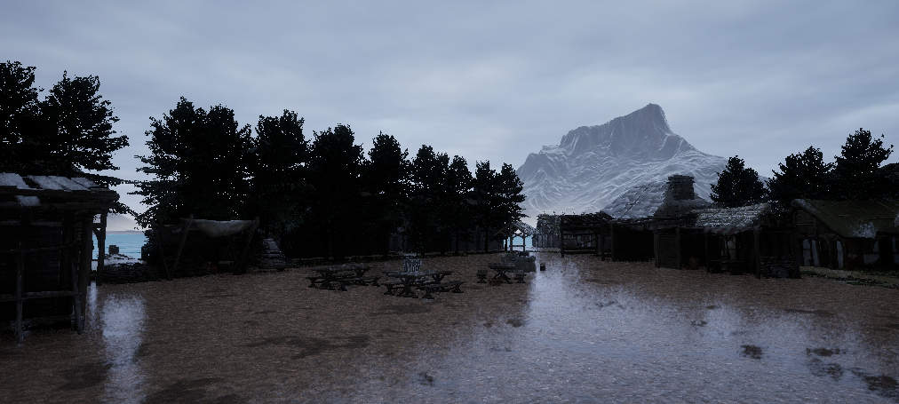 Rainy village scene
